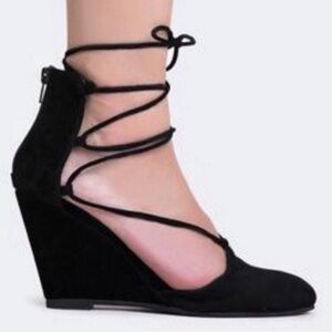 Jeffrey Campbell Black Suede Point Toe Strappy Wedges